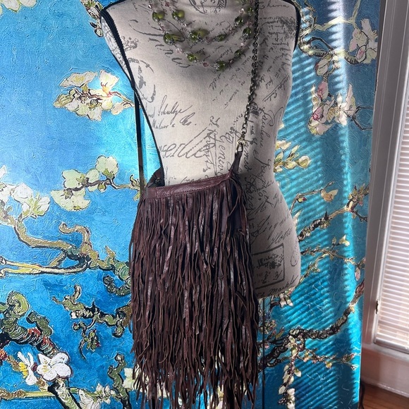 Brown leather, fringed, cross body purse. - Picture 13 of 14